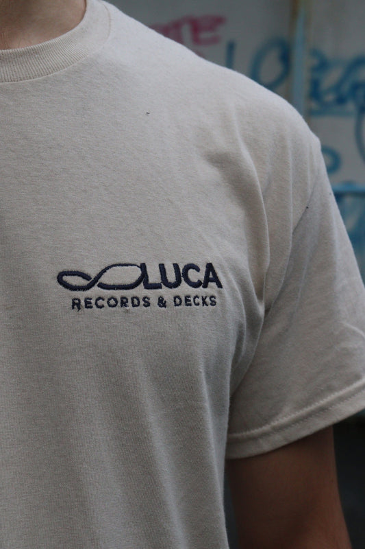 Luca Records & Decks Tee Off White (Royal Navy Blue Embroidered Logo)